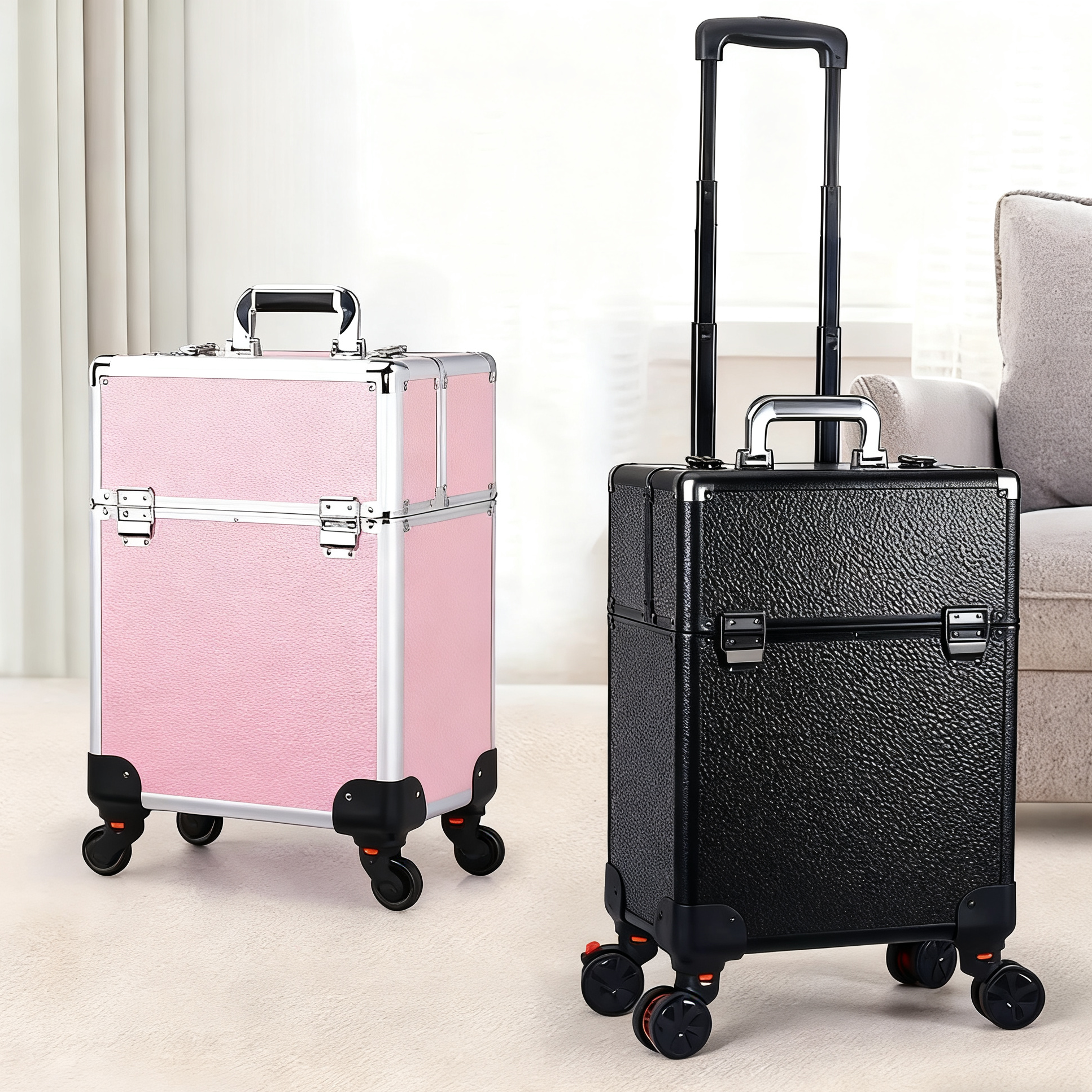 Pink/Black Aluminum Rolling Makeup Train Case front view with telescopic handle and wheels, professional cosmetic storage case